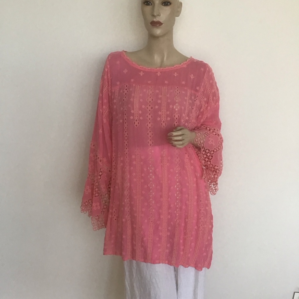 NWT Johnny Was Salmon Pink‎ Boho Eyelet Embroidered Mesha Tunic Top Blouse L